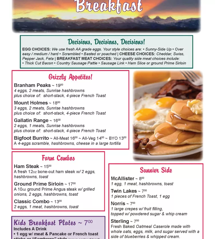 Ennis Sunrise Cafe Breakfast Menu